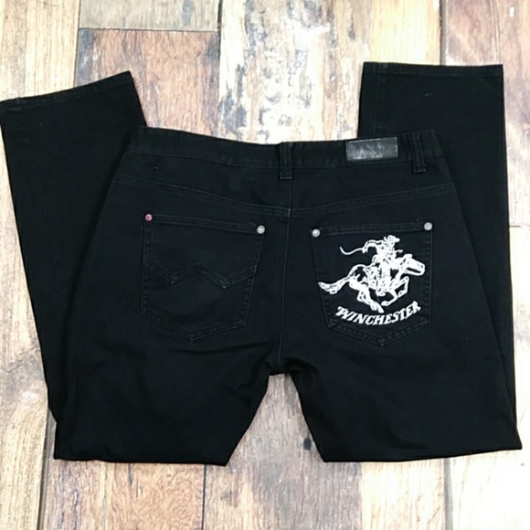 Winchester Distressed Black Denim Jeans Embroidered Horse and Rider Size 38/32 - Picture 6 of 8